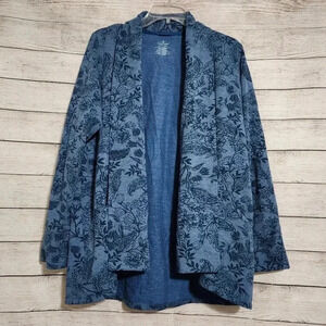 Cuddl Duds Cardigan Blue Floral Comfort Wear Open w/Pockets L